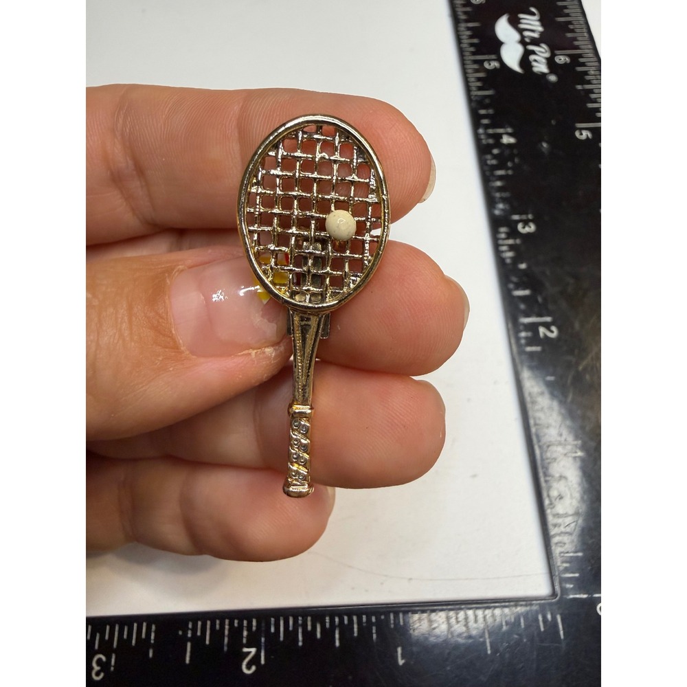 Gerrys Gold Tone Tennis Racquet Brooch White Ball Sport Novelty Pin